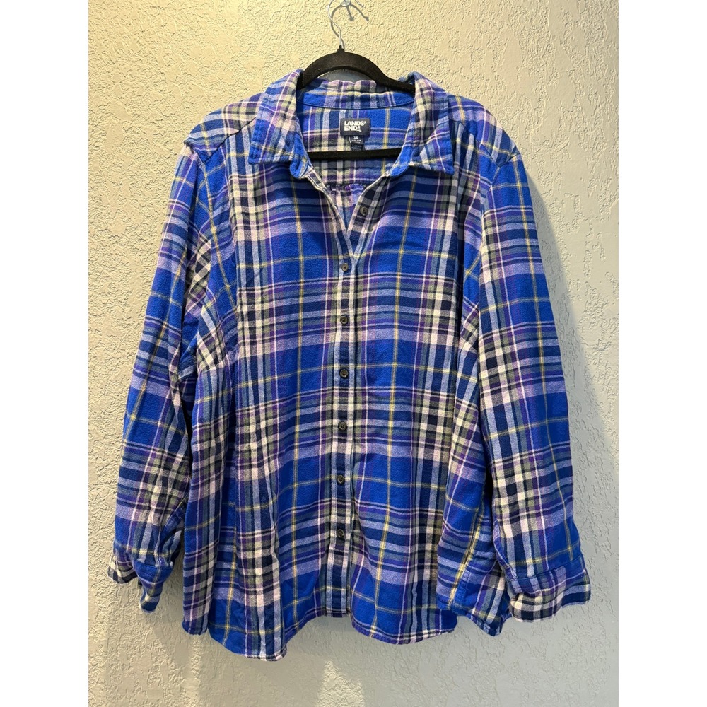 Lands End Flannel Shirt Blue Plaid Button Up Long Sleeve Top 3X